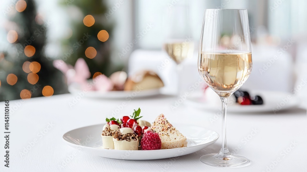 Elegant dessert plate with wine, Christmas tree in background. Elegant dessert plate with wine, Christmas tree in background.