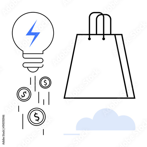 Light bulb with blue lightning bolt dropping coins next to a shopping bag. Ideal for business, retail, finance, innovation, commerce, shopping, and marketing concepts. Line metaphor