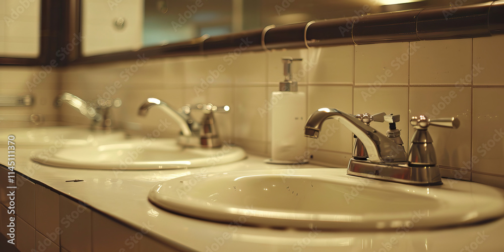 Three Bathroom Sinks with Chrome Faucets and Soap Dispenser Three Bathroom Sinks with Chrome Faucets and Soap Dispenser