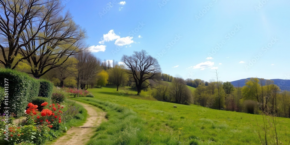 A picturesque outdoor setting with lush greenery, blooming flowers, and a winding path leading into a serene forest, landscape, garden, sunny day A picturesque outdoor setting with lush greenery, blooming flowers, and a winding path leading into a serene forest, landscape, garden, sunny day