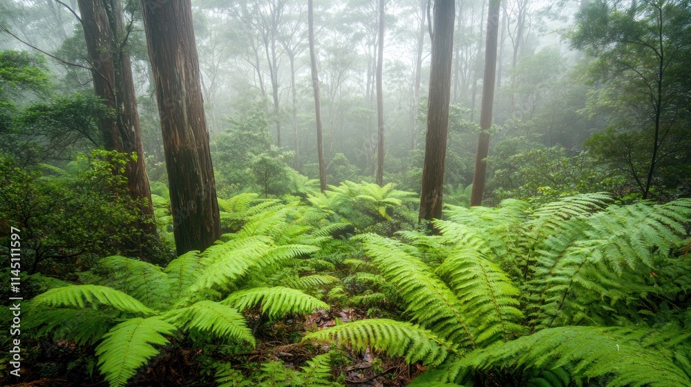 Fototapeta premium Lush ferns thrive on forest floor in misty woodland.