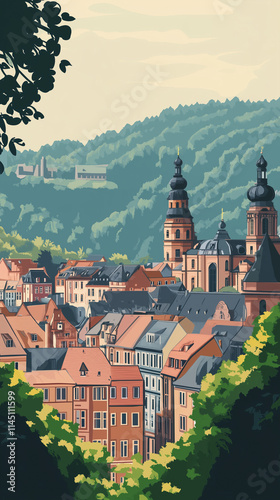 Wallpaper Mural Illustration, Cityscape of Heidelberg in Germany, touristic advertisement poster. Promotional touristic poster. Beautiful city in Germany. Must-see tourist travel destination. Torontodigital.ca