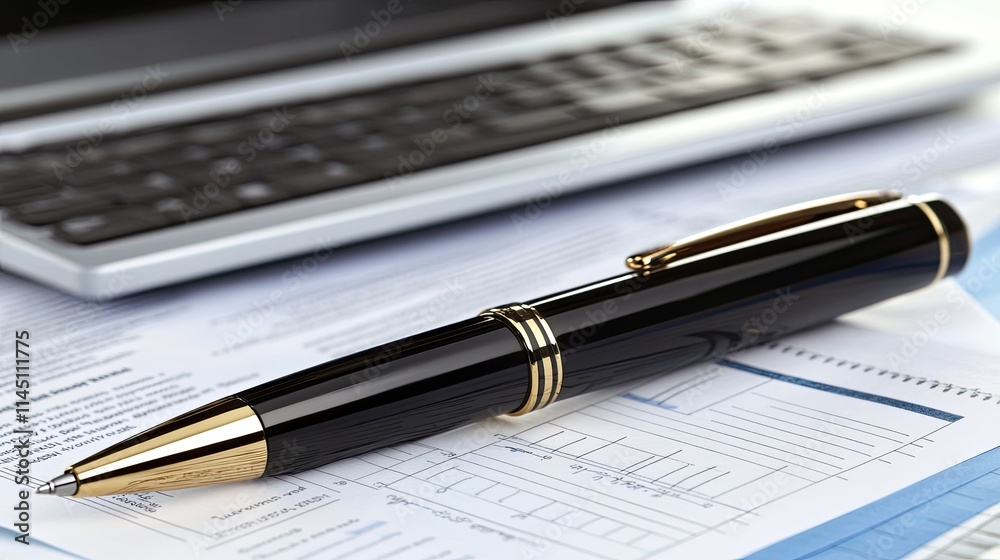 Elegant Pen Rests on Financial Documents and Keyboard Elegant Pen Rests on Financial Documents and Keyboard