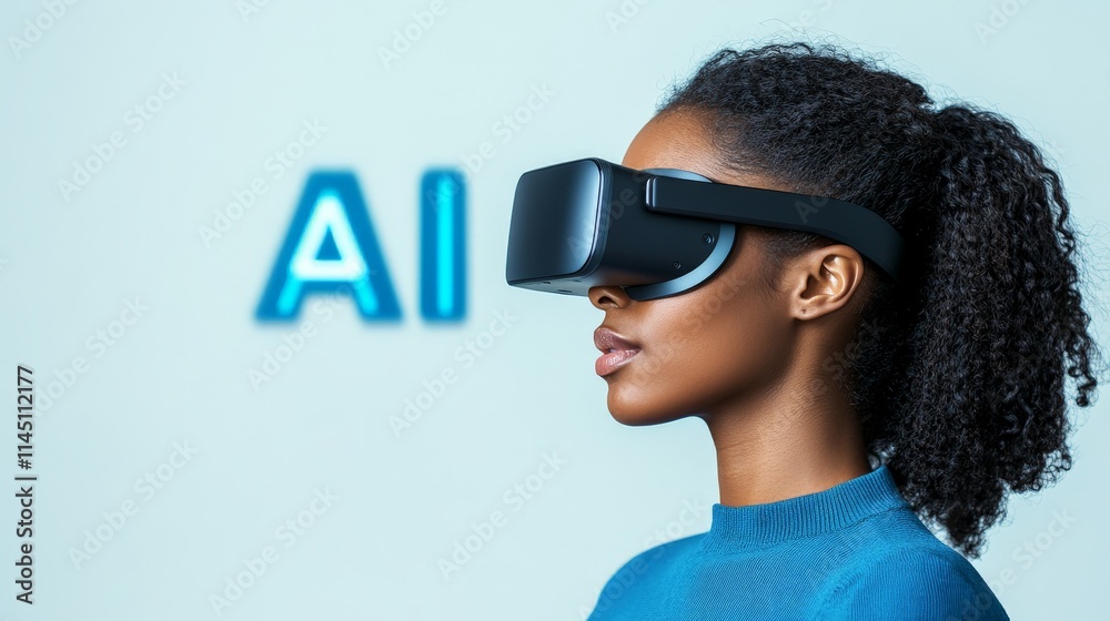 Professional woman using AI-enhanced VR headset in a clean contemporary space for futuristic collaborative innovation Professional woman using AI-enhanced VR headset in a clean contemporary space for futuristic collaborative innovation