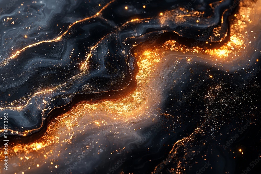 Golden Fluid Illustration Featuring a Luxurious Pattern of Liquid Black Marble with Gold Textures Golden Fluid Illustration Featuring a Luxurious Pattern of Liquid Black Marble with Gold Textures