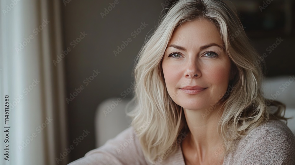Fototapeta premium Head shot portrait pretty blonde woman looking at camera, sits alone on sofa photoshooting, enjoy pleasant pastime weekend at home at own or rented apartment. Beautiful mature female profile picture
