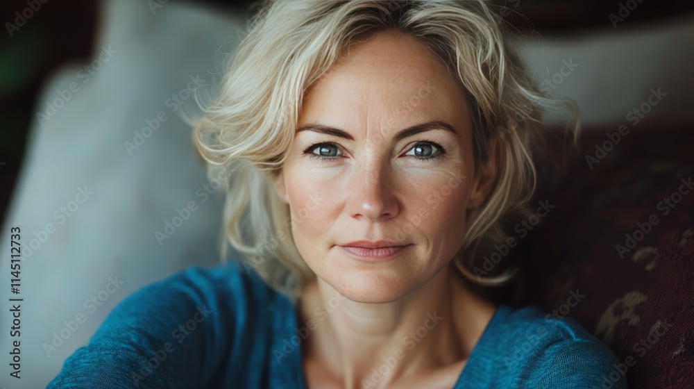 Head shot portrait pretty blonde woman looking at camera, sits alone on sofa photoshooting, enjoy pleasant pastime weekend at home at own or rented apartment. Beautiful mature female profile picture Head shot portrait pretty blonde woman looking at camera, sits alone on sofa photoshooting, enjoy pleasant pastime weekend at home at own or rented apartment. Beautiful mature female profile picture