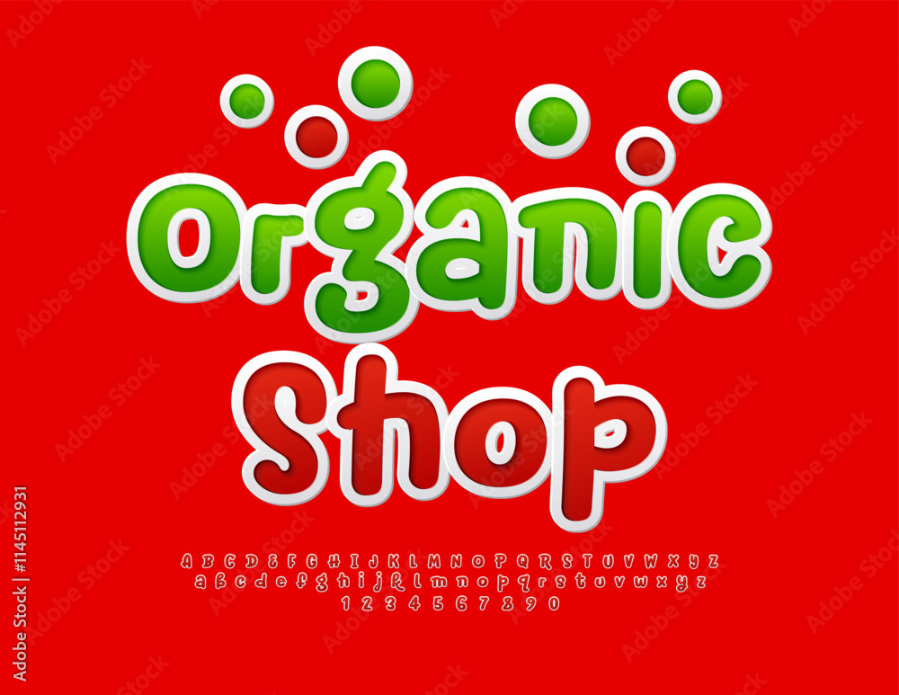 Naklejka premium Vector Playful signboard Organic Shop. Festive Red Font. Funny sticker Alphabet Letters and Numbers set.