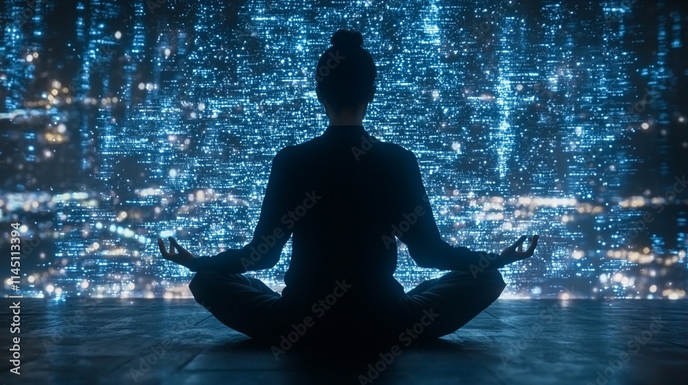 Woman meditating before a digital city lightscape. Woman meditating before a digital city lightscape.