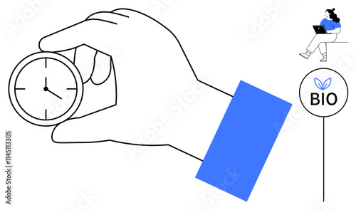 Hand holding a clock indicating time, person with a laptop suggesting productivity, and a Bio label with a leaf symbol representing sustainability. Ideal for time management, productivity