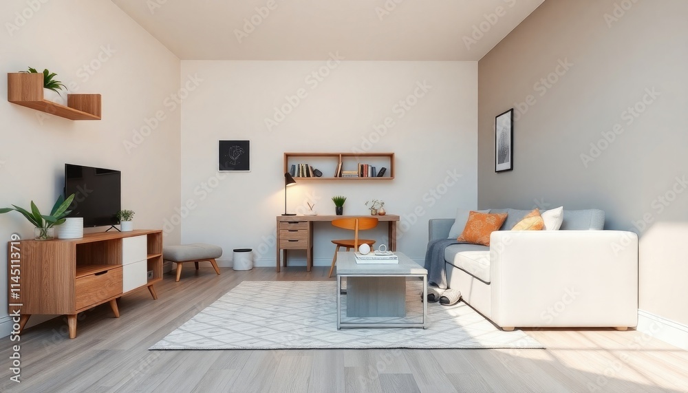 Student Studio Apartment Living Room with a compact layout, space-saving furniture, and bright accents. The skirting boards are painted in matte white or soft gray Student Studio Apartment Living Room with a compact layout, space-saving furniture, and bright accents. The skirting boards are painted in matte white or soft gray