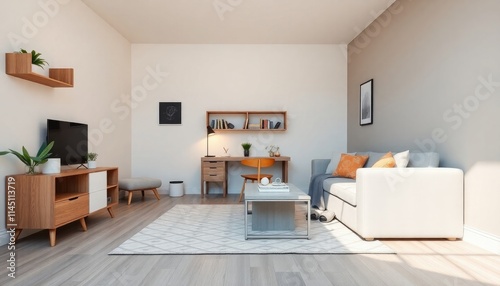 Student Studio Apartment Living Room with a compact layout, space-saving furniture, and bright accents. The skirting boards are painted in matte white or soft gray