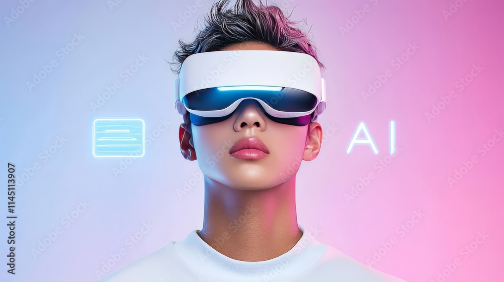 Young man in futuristic VR glasses against a vibrant gradient backdrop showcasing innovative technology and the youthful embrace of immersive digital experiences in augmented reality Young man in futuristic VR glasses against a vibrant gradient backdrop showcasing innovative technology and the youthful embrace of immersive digital experiences in augmented reality