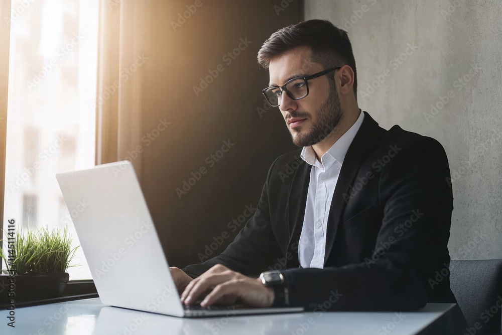 Professional man working on laptop in modern office interior Professional man working on laptop in modern office interior