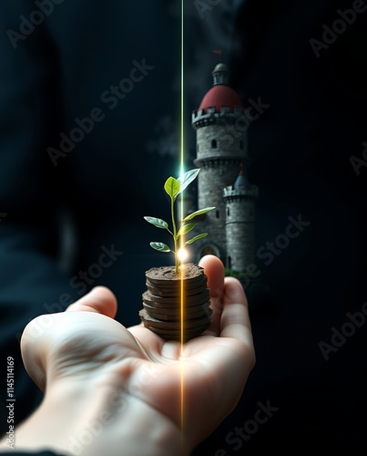 Young Plant Sprouting From Coins In Hand Near Castle photo