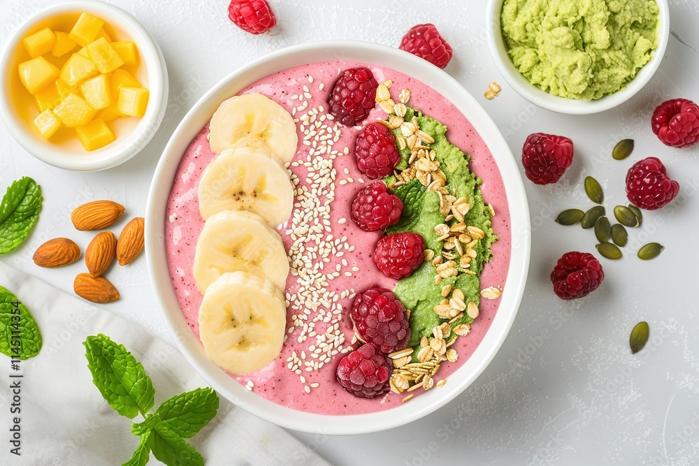 Top view of a pink smoothie bowl topped with banana slices, raspberries, granola, chia seeds, and green matcha powder, healthy and colorful vegan breakfast option, vibrant plant-based meal concept Top view of a pink smoothie bowl topped with banana slices, raspberries, granola, chia seeds, and green matcha powder, healthy and colorful vegan breakfast option, vibrant plant-based meal concept