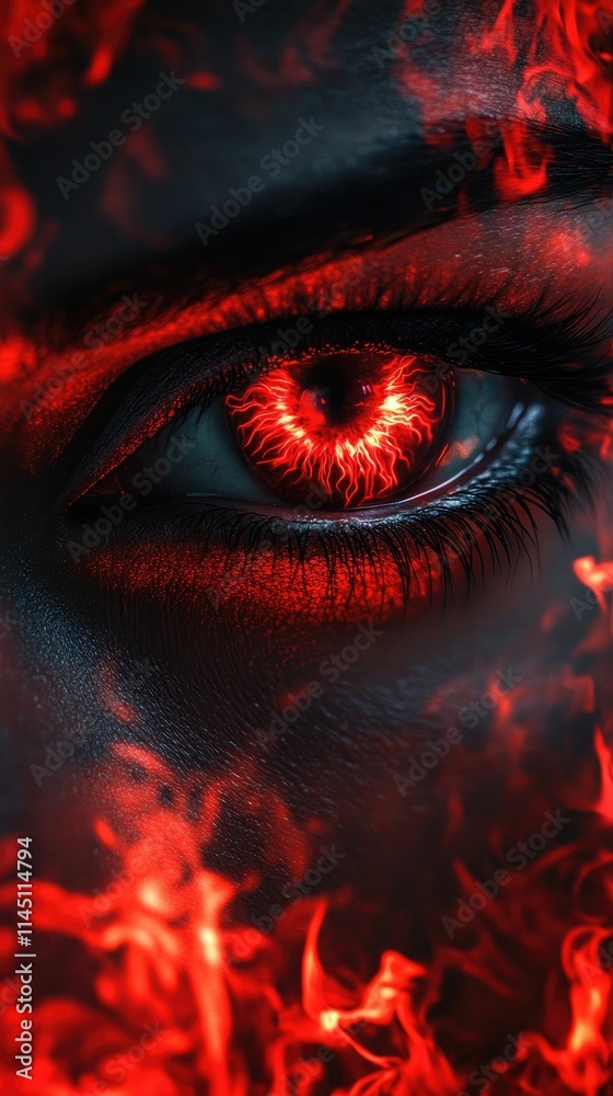 Fototapeta premium Fiery eye, engulfed in flames, intense gaze.