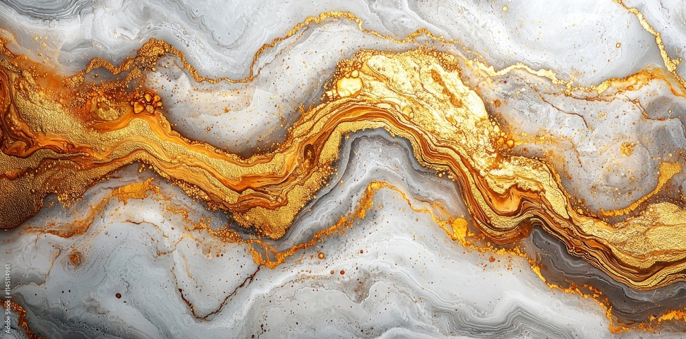 A white and gold liquid ink background forms an abstract, flowing pattern. A white and gold liquid ink background forms an abstract, flowing pattern.