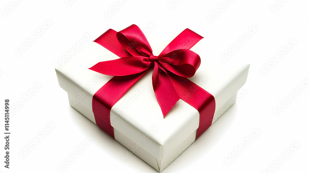 Fototapeta premium A white gift box adorned with a red ribbon bow, isolated against a white background.