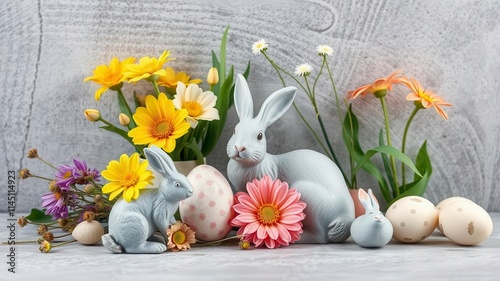 Easter decorations including eggs, bunny figurines, and spring flowers arranged on a grey concrete background, eggs, concrete