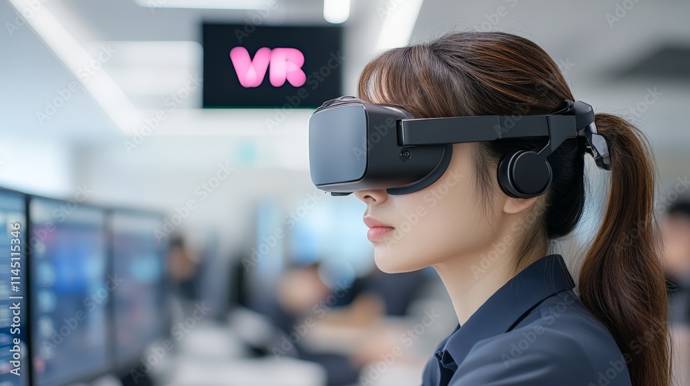Professional environment with a woman using a VR headset surrounded by multiple screens symbolizing virtual interaction and workplace technology in a high-tech control room Professional environment with a woman using a VR headset surrounded by multiple screens symbolizing virtual interaction and workplace technology in a high-tech control room