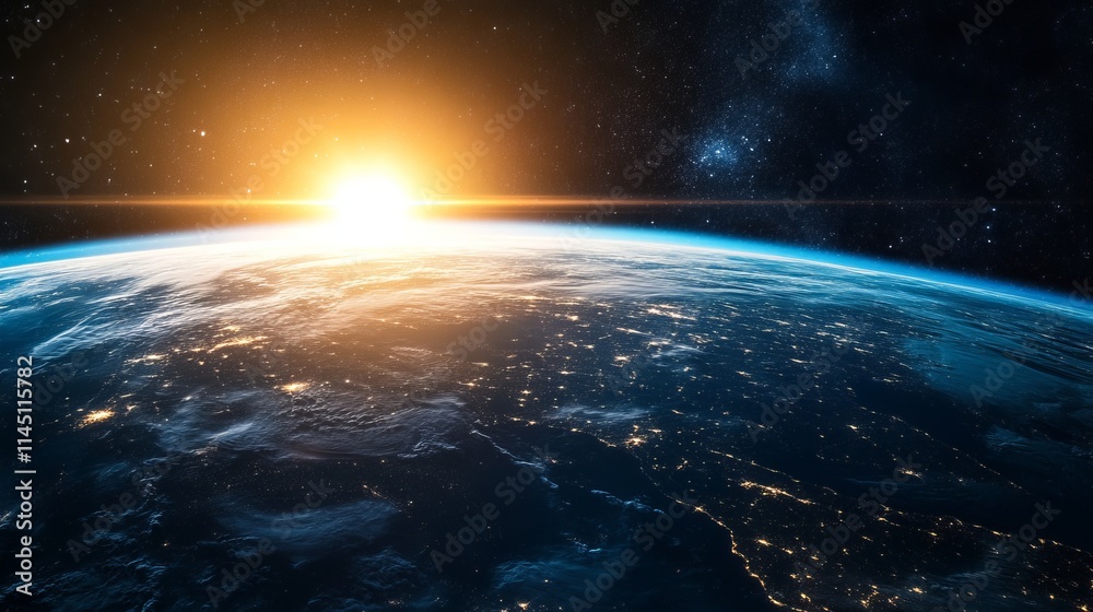 Blue sunrise over Earth from space. High-resolution image, perfect for desktop backgrounds, calendars, or print projects