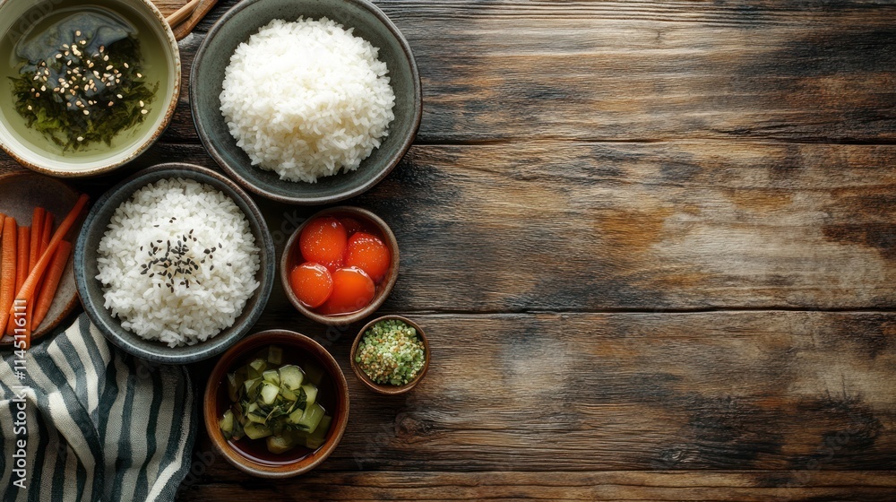Asian cuisine ingredients rice, seaweed, pickled vegetables, and salted egg yolks arranged on a wooden table. Asian cuisine ingredients rice, seaweed, pickled vegetables, and salted egg yolks arranged on a wooden table.