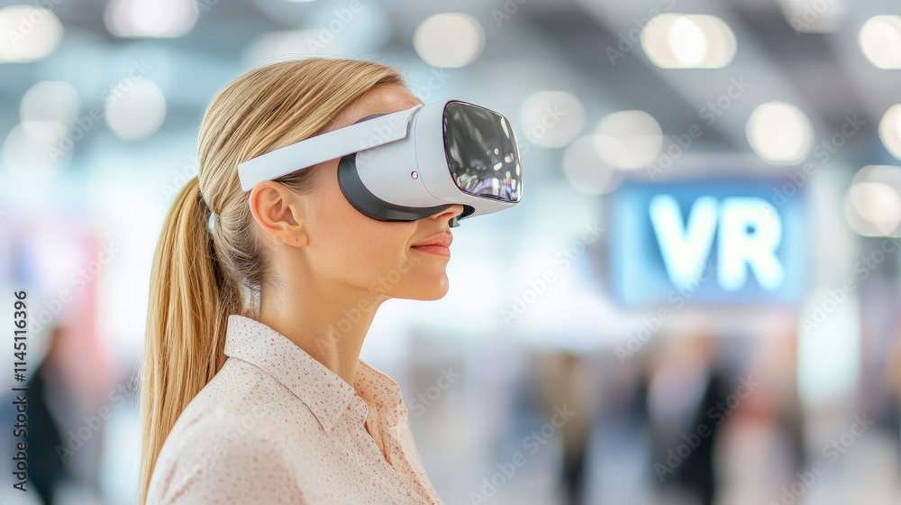 Professional woman wearing sleek VR goggles with a high-tech trade show in the background symbolizing futuristic advancements and industry-leading innovation in virtual reality Professional woman wearing sleek VR goggles with a high-tech trade show in the background symbolizing futuristic advancements and industry-leading innovation in virtual reality