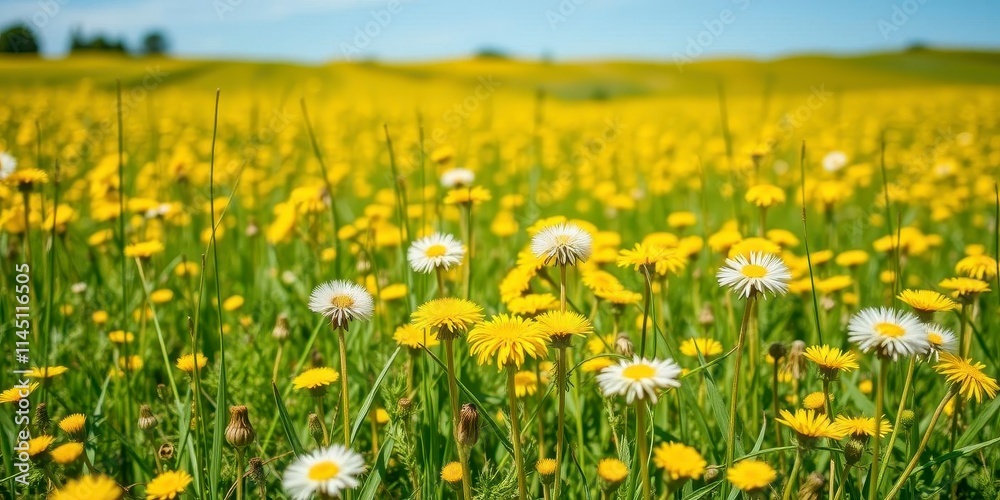 Field of vibrant dandelions under a clear blue sky, flowers, blue sky Field of vibrant dandelions under a clear blue sky, flowers, blue sky