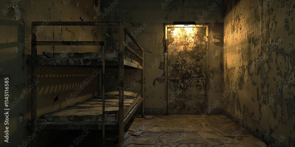 Depiction of a Damaged Room with Metal Bunk Bed and Door Depiction of a Damaged Room with Metal Bunk Bed and Door