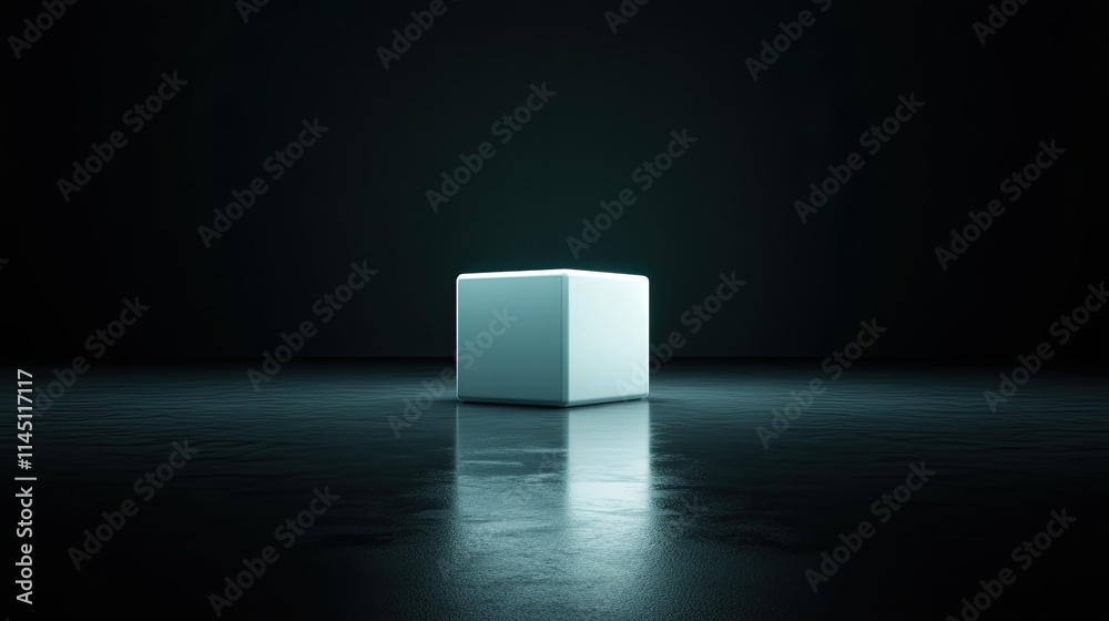 Glowing White Cube On Dark Reflective Surface Glowing White Cube On Dark Reflective Surface