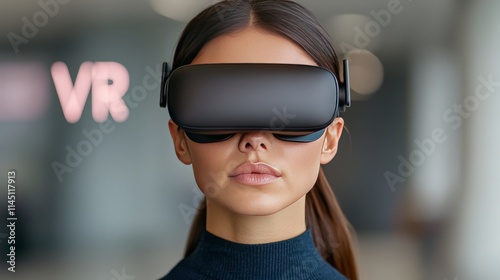 Woman with sleek VR goggles standing against a blurred office backdrop focusing on digital interaction and high-tech innovation in professional environments