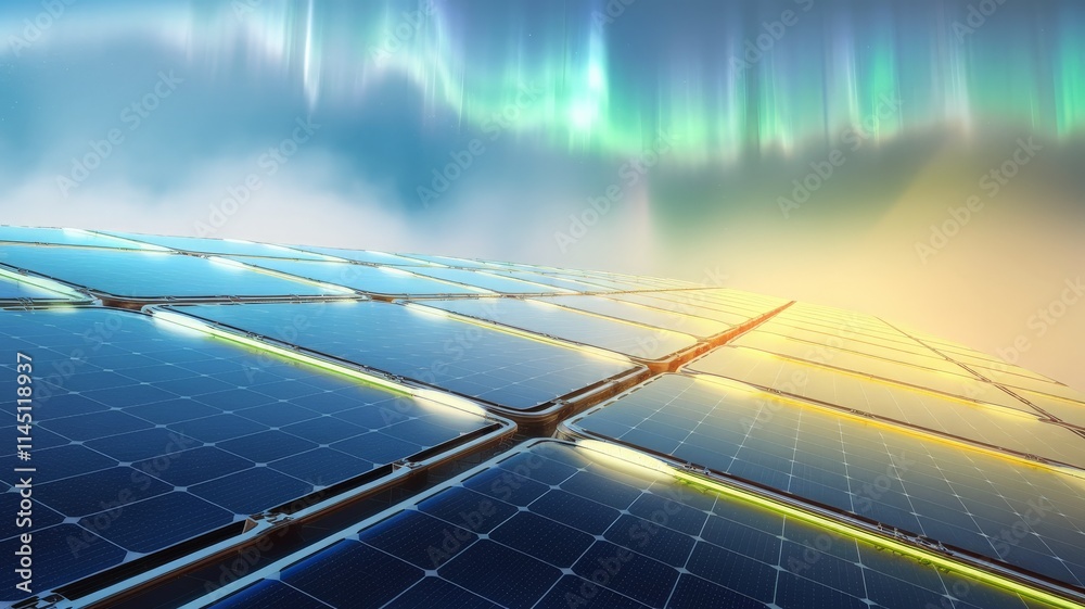 Solar panels with futuristic glowing edges and aurora view Solar panels with futuristic glowing edges and aurora view