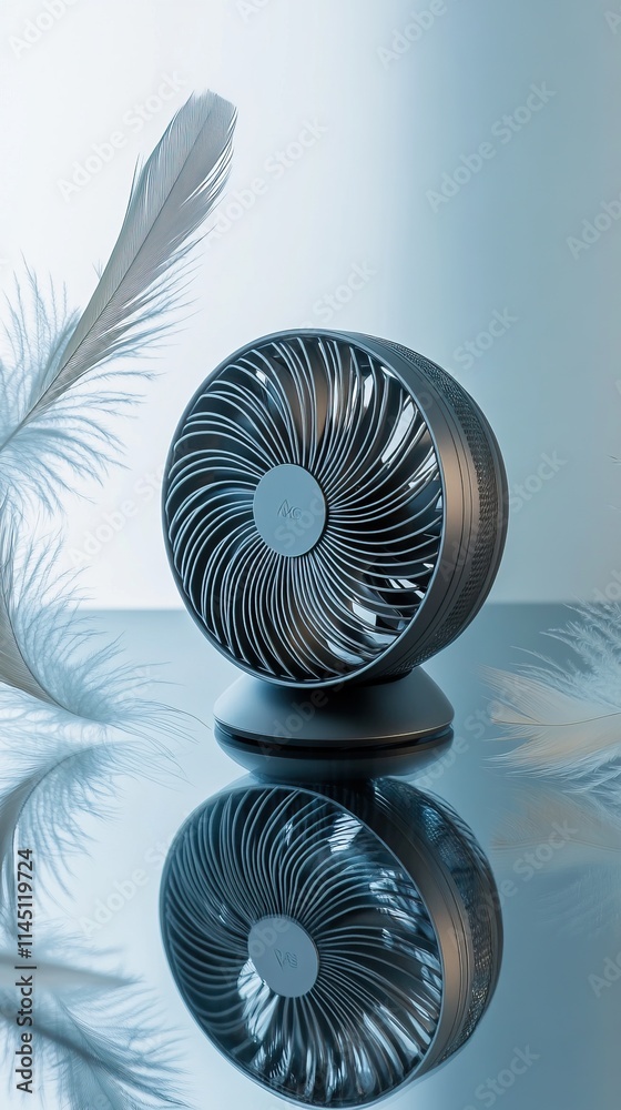 Obraz premium Small gray fan with feathers on reflective surface.