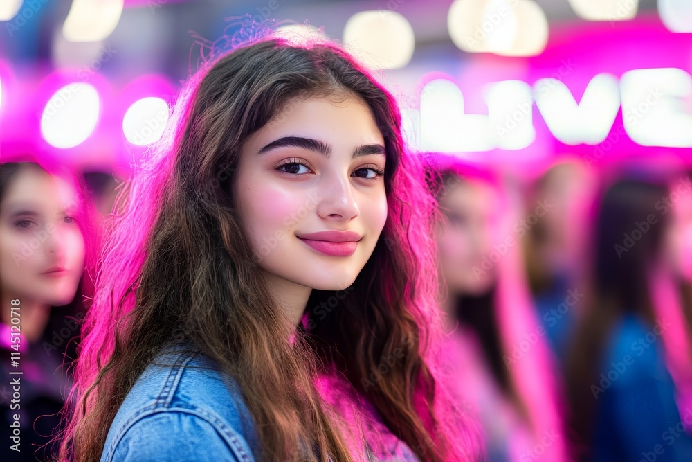 Radiant portrait of a young woman with long wavy hair glowing in a vibrant neon pink and purple backdrop exuding youthful charm and modern fashion Radiant portrait of a young woman with long wavy hair glowing in a vibrant neon pink and purple backdrop exuding youthful charm and modern fashion