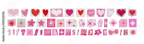Set of cut out hearts, stars and special characters in barbiecore style, pink elements from magazines on transparent background