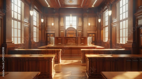 A courtroom with wooden benches and a judge's bench photo