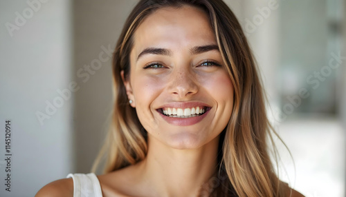 Happy beautiful woman with natural skin smiling - young model women portrait