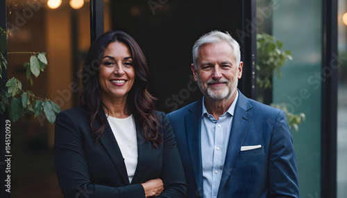 Two middle-aged professional women standing outside an office door v2