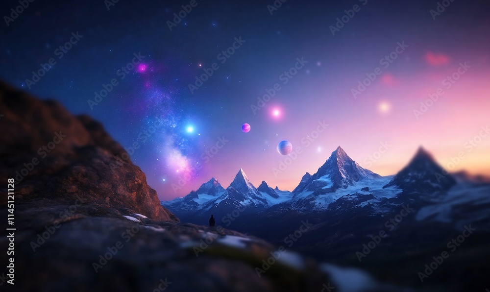 A surreal landscape featuring mountains and celestial bodies. A surreal landscape featuring mountains and celestial bodies.
