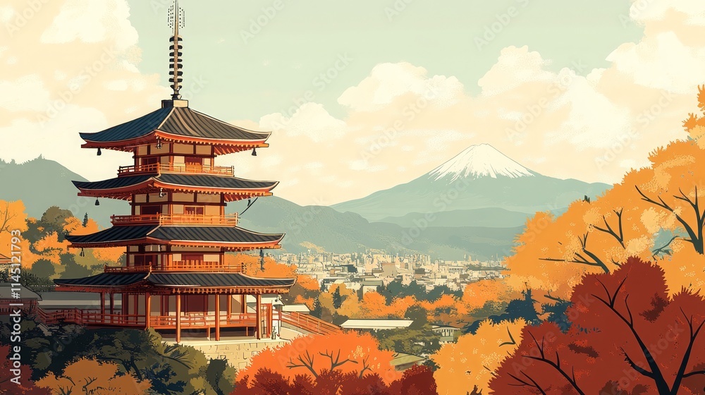 Fototapeta premium JAPAN poster illustration with local scenery in the autumn season, perfect for home decor, gifts or wall art. Print on canvas, paper or poster