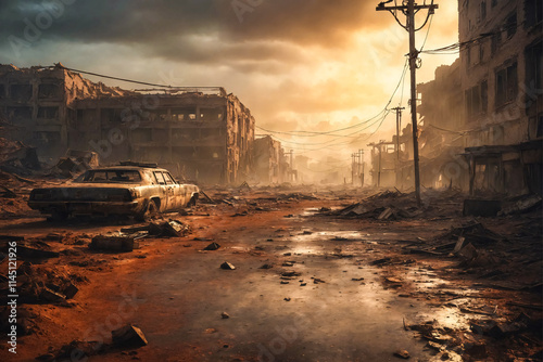 Empty ruined city after war. Post-apocalyptic view of a destroyed world in evening light. photo