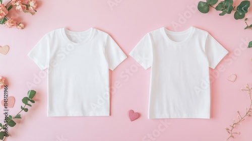 Two Plain White T-Shirts Arranged on a Pink Background Surrounded by Delicate Flowers and Heart-Shaped Decorations for a Stylish and Casual Presentation photo