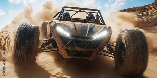 Experience the thrill of off-road adventure with a high-speed buggy racing through the desert, ideal for motorsports and outdoor activity promotions. photo