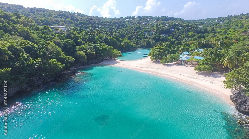Fototapeta premium Aerial view of a serene beach with turquoise water and lush greenery.