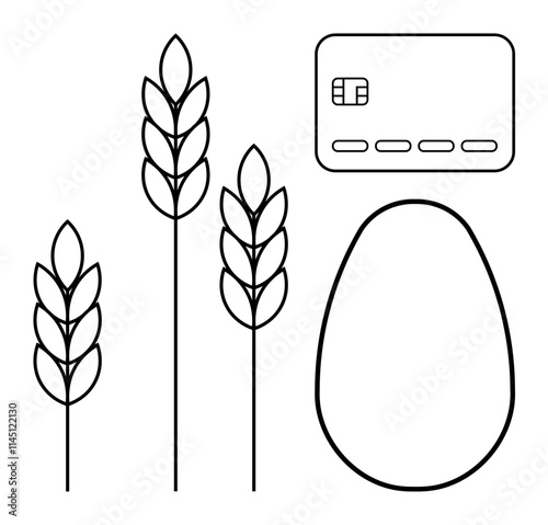 Credit card, three wheat stalks, and seed outline in minimalist line art. Ideal for agriculture, sustainability, finance, farming, financial growth, eco-friendly practices agricultural investment