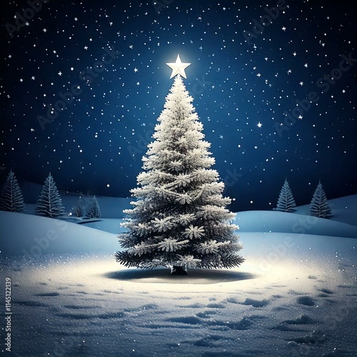 simple, single Christmas tree in a snowy field lit up in the night