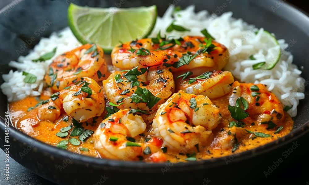 A delicious shrimp dish served with rice and lime, garnished with herbs. A delicious shrimp dish served with rice and lime, garnished with herbs.