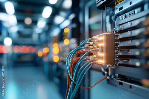 A close-up of server connections in a data center.
