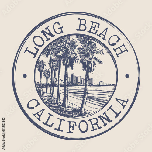 Long Beach, California Stamp City Postmark. Silhouette Postal Passport. Round Vector Icon. Vintage Postage Design.	